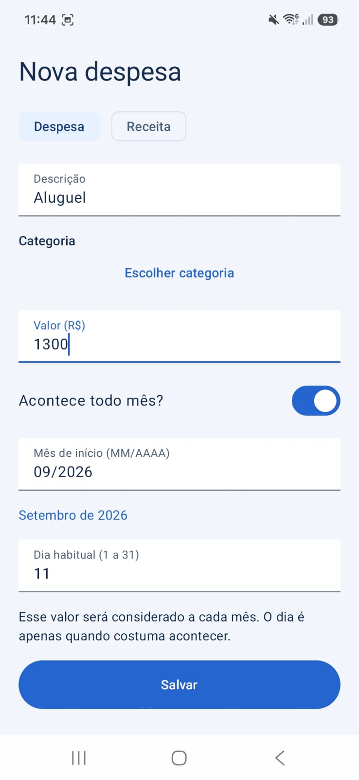 Cadastro de uma despesa mensal recorrente no Clareza Financeira