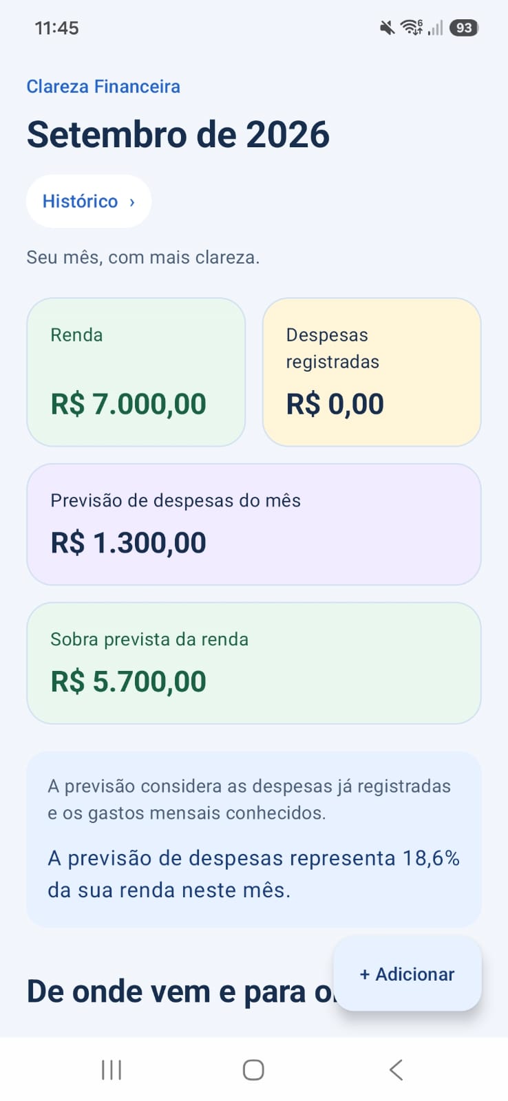 Dashboard do aplicativo Clareza Financeira mostrando renda, previsão de despesas e sobra prevista