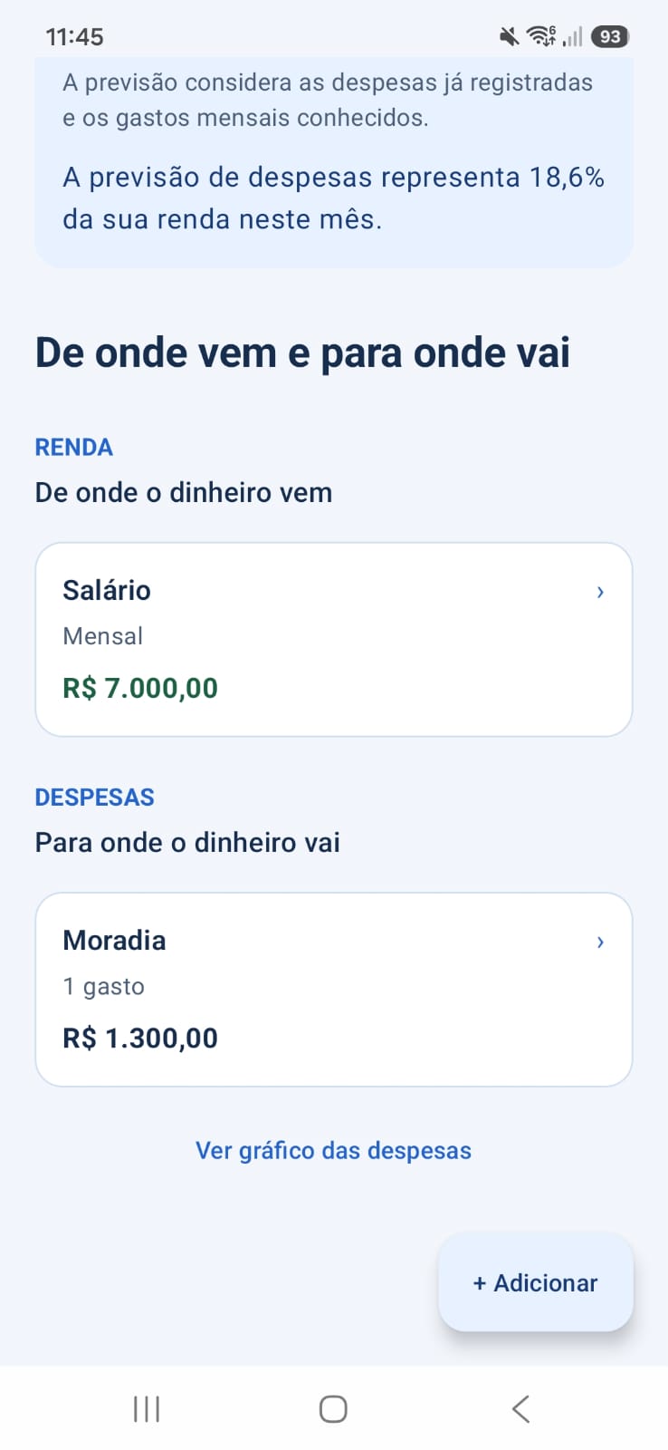 Tela do Clareza Financeira mostrando de onde vem a renda e para onde vão as despesas
